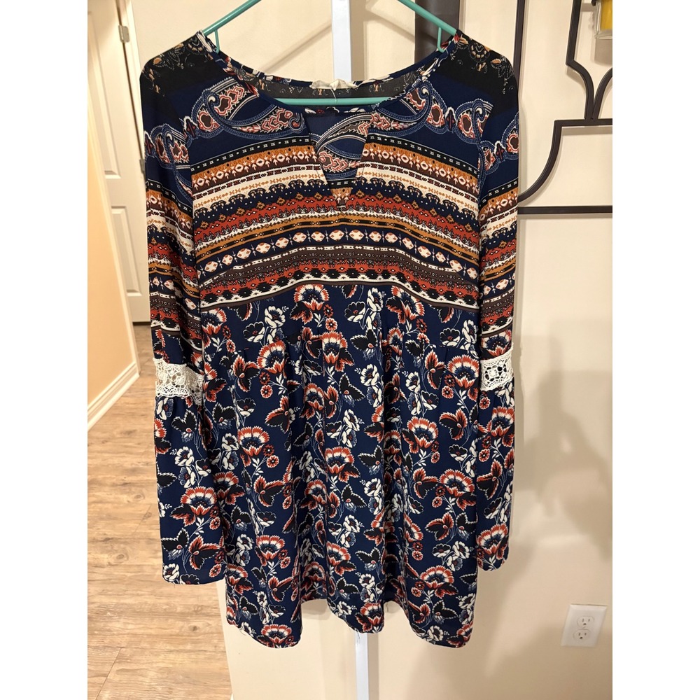 Entro Navy Blue Boho Floral Paisley Bell Sleeve Lace Accent Tunic Top Dress L